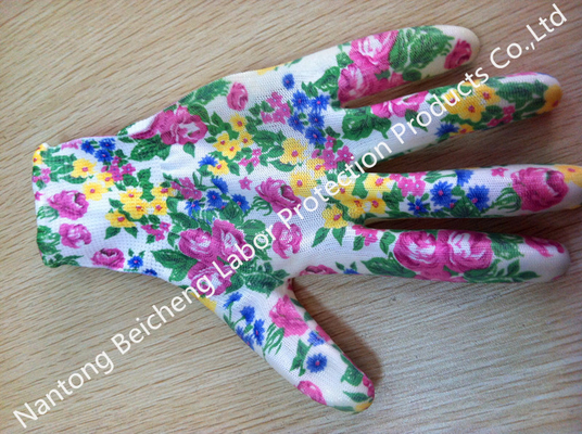 Polyester Liner Printed Nitrile Work Gloves For Garden Cutting With Smooth Finished
