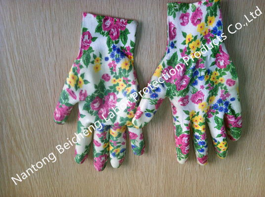 Polyester Liner Printed Nitrile Work Gloves For Garden Cutting With Smooth Finished