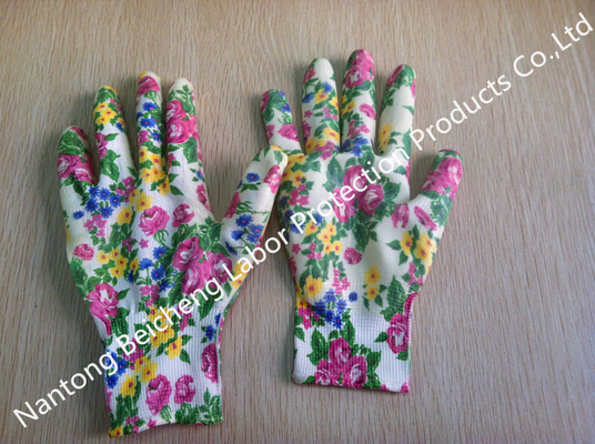 Polyester Liner Printed Nitrile Work Gloves For Garden Cutting With Smooth Finished